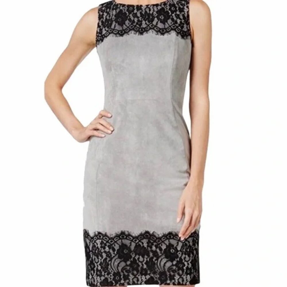 Calvin Klein Women's Size 4 Grey Black Faux Leather & Lace Sleeveless Dress SHO